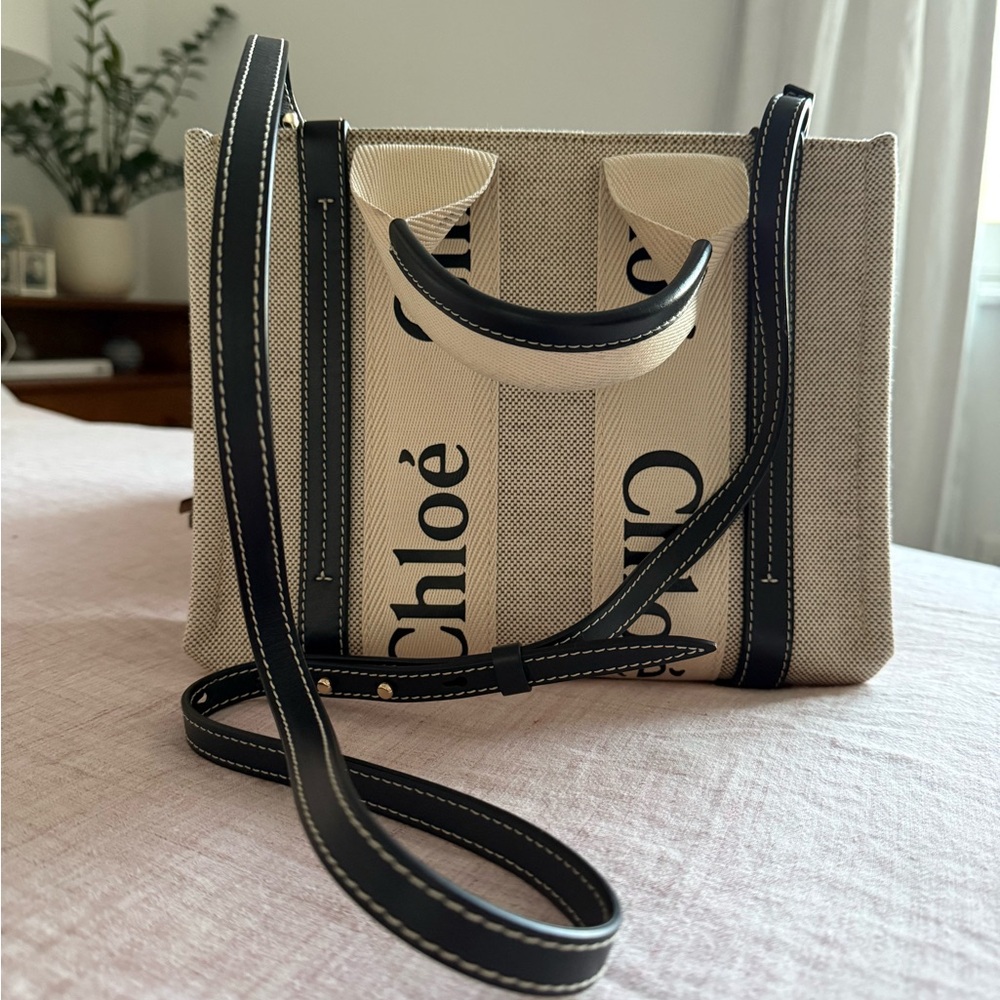 Chloé Beige Canvas Mini Tote with Black Leather Trim